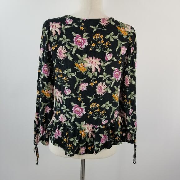 American Eagle Outfitters Black Purple Green Boho Floral Tie Neck Top Size Small - Picture 3 of 5